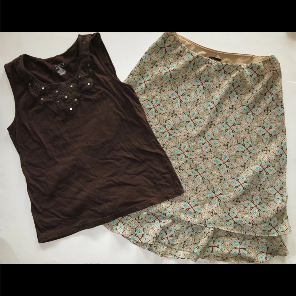 Merona crochet tank top shirt D.F.A. New York mosaic layer skirt set brown L